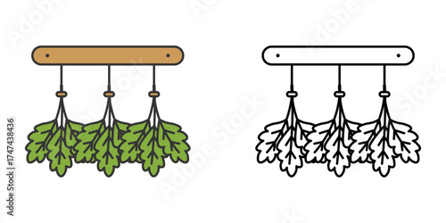 Herb drying rack icon with a hanging frame and tied herb bundles. Great for natural food storage, eco kitchen, and sustainable household themes.