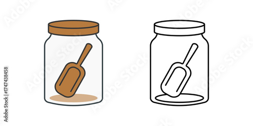 Upcycled jar scoop icon with a repurposed glass jar and wooden scoop inside. Perfect for zero waste kitchen, sustainable storage, and eco friendly household living.