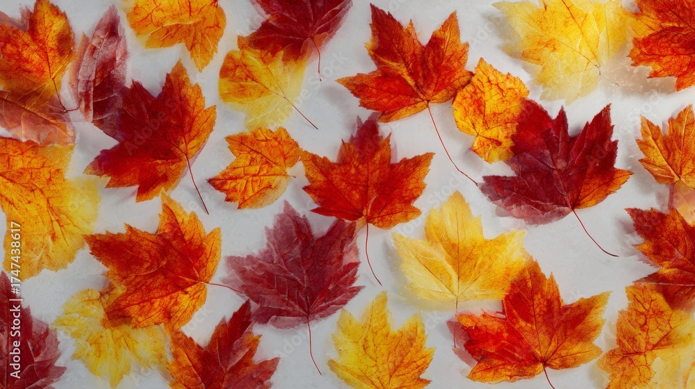Fototapeta premium Seasonal symphony: the harmonious shades of maple leaves in autumn. Professional look. A display of vibrant maple leaves in red, orange, and yellow on transparency. Product showcase.