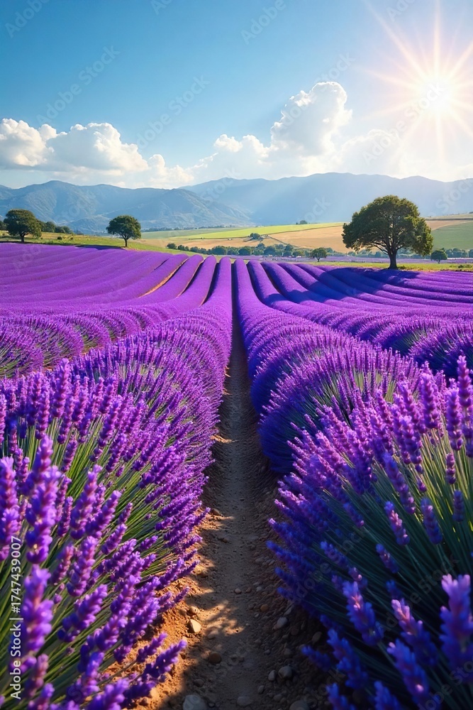 Naklejka premium Sun-Drenched Lavender Fields A Tranquil Escape in the English Countryside