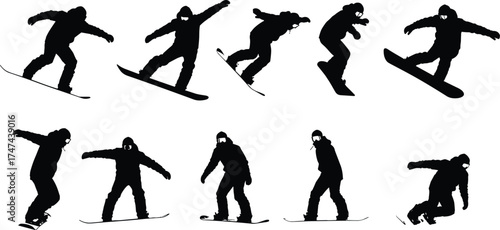 Silhouette of snowboarders performing tricks and jumps in winter sports action, snowboarding athletes in motion, extreme cold weather adventure conceptSilhouette of snowboarders performing 