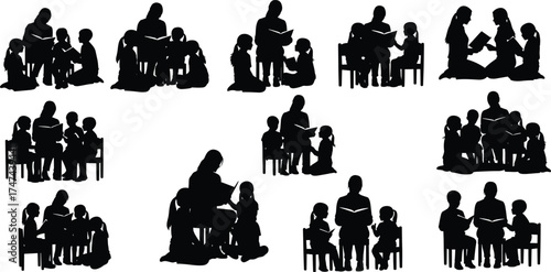 Silhouette of teacher reading books to children, group study, family education, parent teaching kids, learning together, reading activity, classroom concept