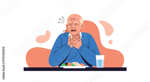 An elderly man experiencing an allergic reaction while eating food.
