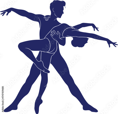 Elegant ballet dancers performing a graceful dance routine in perfect harmony and synchronization in blue silhouette style on white background