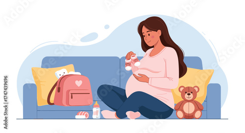 Preparing for a new baby with cute booties and essential items.