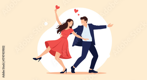 Couple dancing joyfully surrounded by floating hearts indicating love.