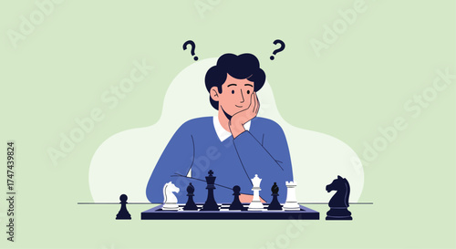 A person is thinking hard about a chess game.