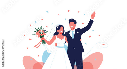 Happy couple celebrating their wedding day with confetti and flowers.