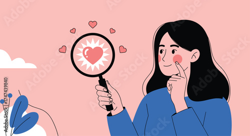 A woman looks closely at a glowing heart through a magnifying glass.