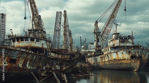 Rusty ships and cranes in industrial port