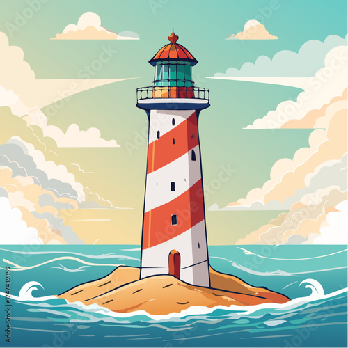 Coastal lighthouse on rocky island with cloudy sky