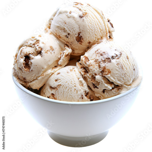 Creamy cookie dough ice cream scoops in bowl isolated on white background