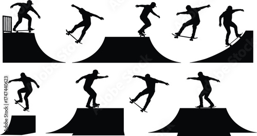 Silhouette skateboarder performing tricks on half pipe ramp, extreme sport action, skateboarding skills and balance in urban skate park