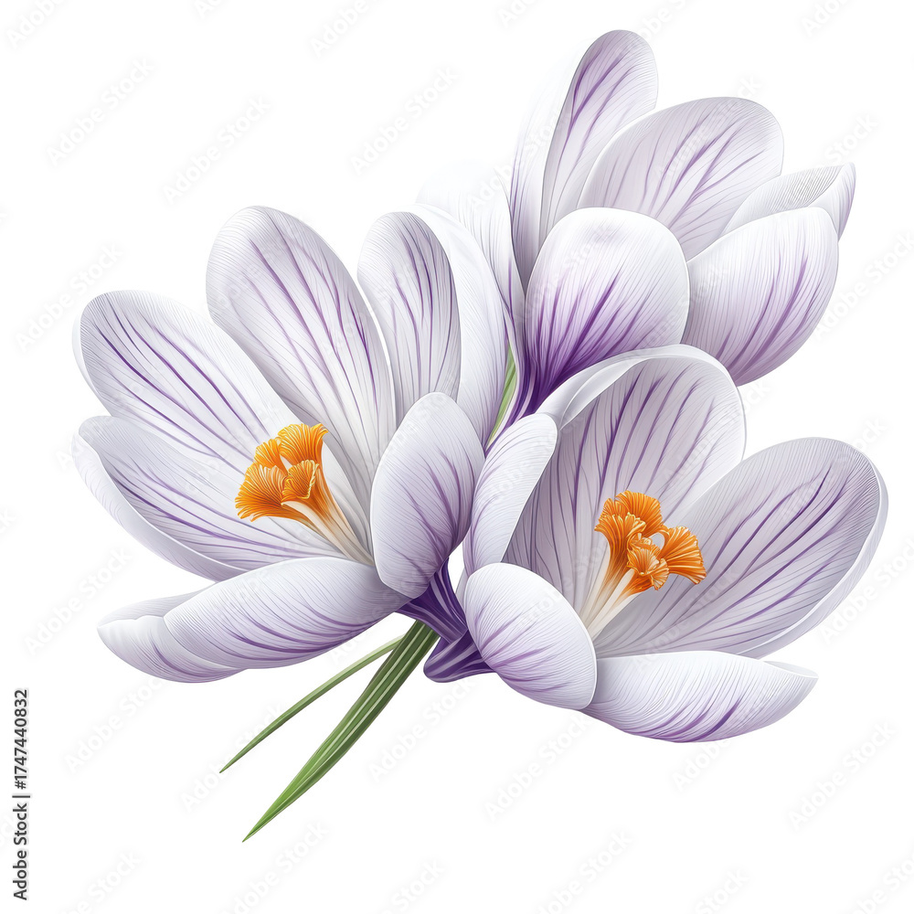 Naklejka premium Delicate spring crocus blooms with purple veins and orange stigmas isolated on white background