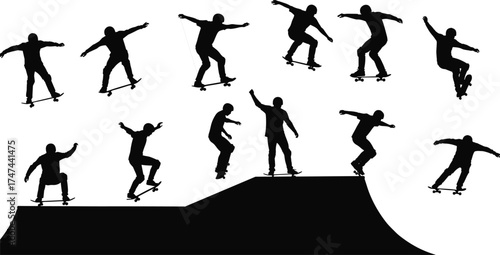 Silhouette skateboarder performing tricks on ramp, skate park extreme sport action, youth lifestyle, balance, motion, urban adrenaline adventure scene