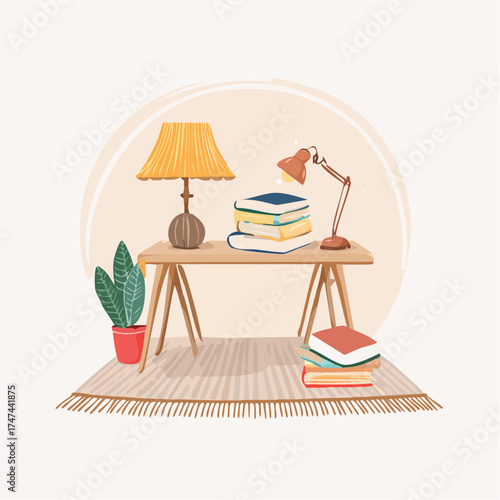 Cozy reading nook with lamps and books