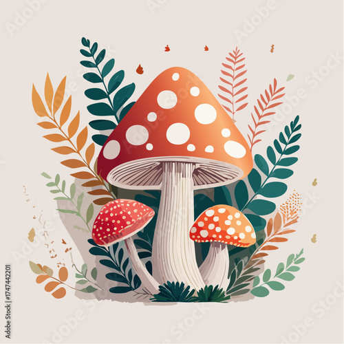 Mushrooms with foliage and berries in forest setting