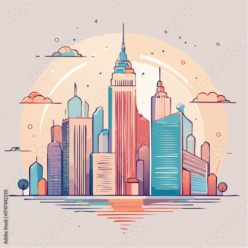 City skyline with sunset reflection and clouds