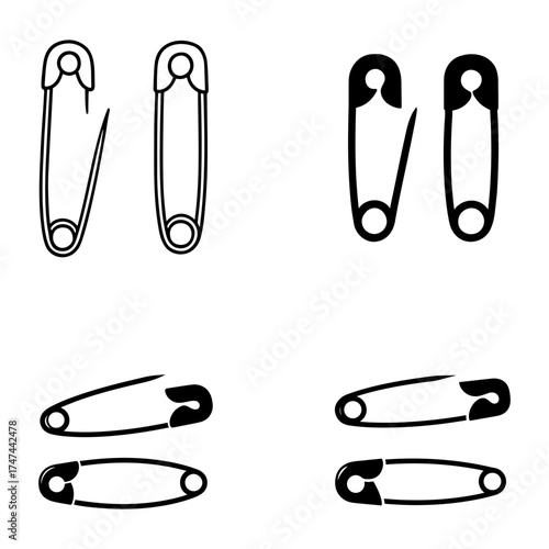 Vector illustration of four safety pins in both open and closed positions in black color on transparent background