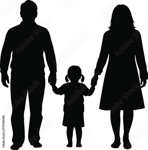 Silhouette of a family holding hands father mother and child standing together in unity and love representing family values and togetherness on white background