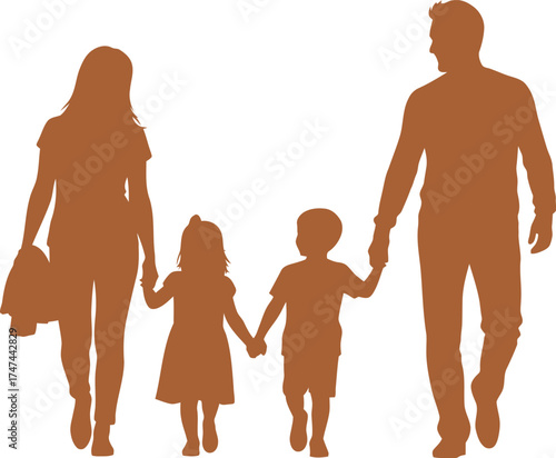 Silhouette of a family walking together holding hands representing love and togetherness in a simple and elegant design for family values on white background