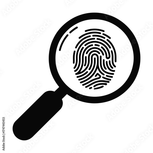 Magnifying glass examining a detailed fingerprint for forensic investigation