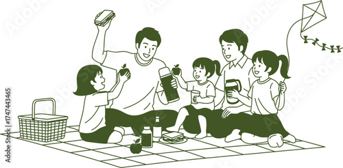 Family enjoying a picnic with sandwiches apples and a kite on a sunny day in a park illustration showing togetherness and outdoor activities on white background