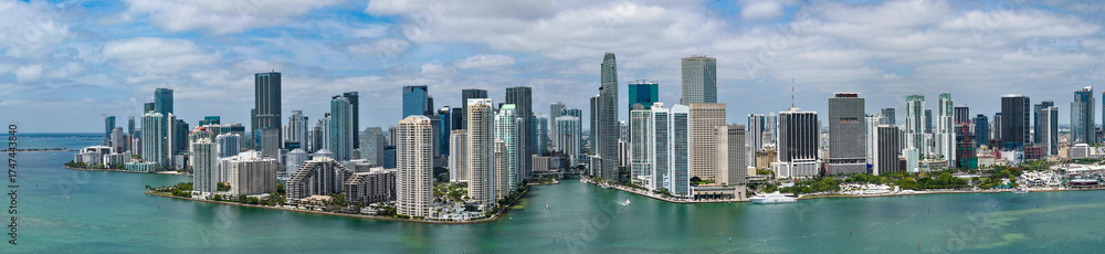 Fototapeta premium City landscape. Skyscraper city. City panoramic view. Modern building architecture cityscape. Panoramic Brickell Key. Cityscape panorama with skyscraper skyline. Brickell Key panorama. Downtown view