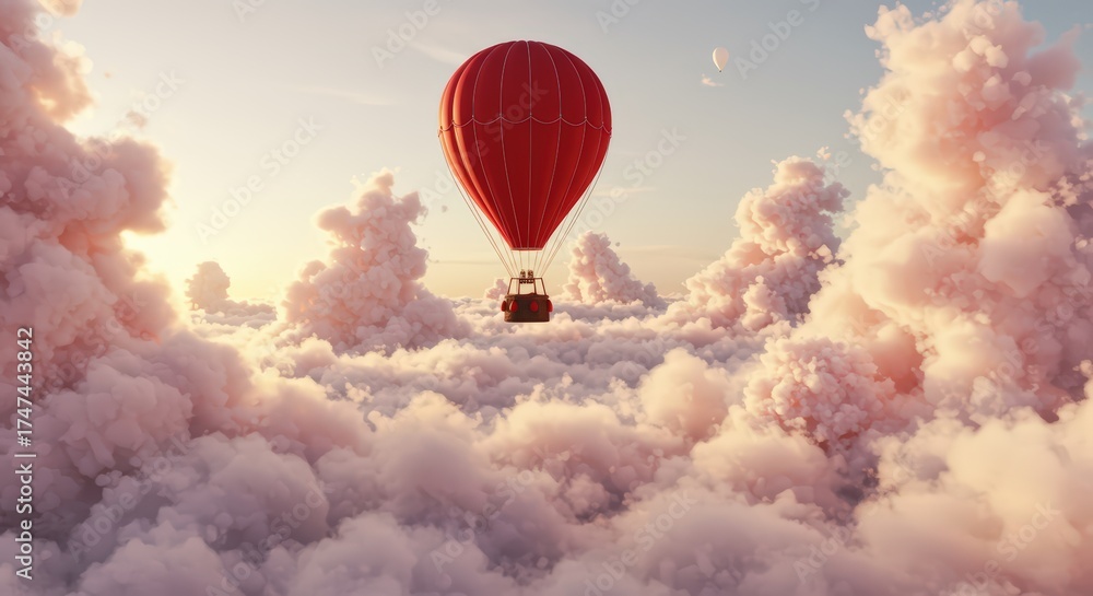 Fototapeta premium A hot air balloon with a basket woven from willow branches, floating over a sea of clouds that have bloomed into giant, soft peonies.