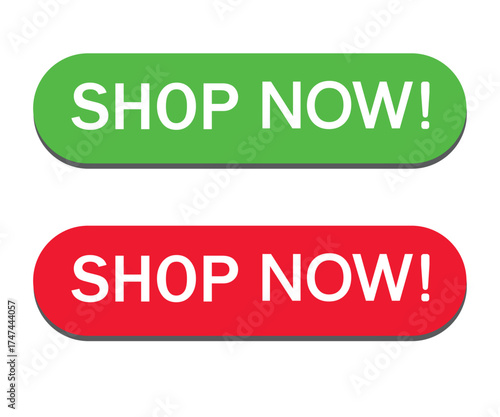 Shop Now Button Design typography text on Red and Green color isolated on white background use for sales banners e-commerce websites, online shopping , landing pages, and digital marketing projects