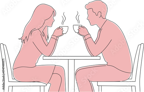 Couple enjoying coffee together at a table in a minimalist line art style illustration conveying connection and shared moments of relaxation on white background