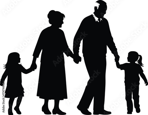 Silhouette of a multigenerational family walking together holding hands in a loving and supportive manner on white background