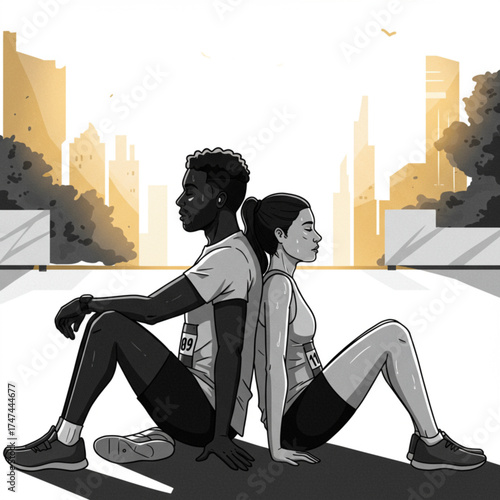Exhausted Runners Resting After Marathon – Fitness and Motivation Vector Illustration