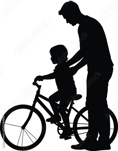 Father teaching child to ride a bicycle in silhouette against a showing support and learning new skills together outdoors on white background