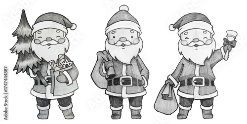 Vector illustration of Santa Claus in three different poses, suitable for coloring activities.
