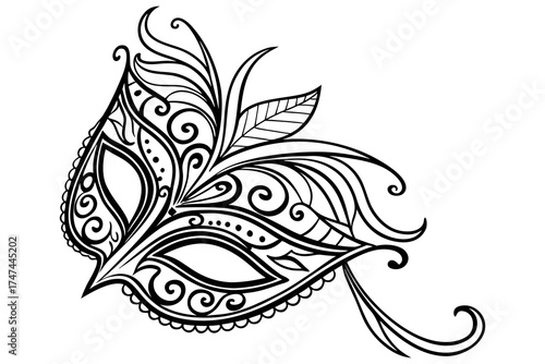 Intricate Venetian Masquerade Mask Line Art. Elegant Ornamental Design for Coloring and Decoration.