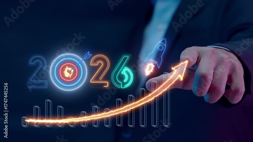 Businessman shows the number 2026 with a target icon. A growing graph and a rising rocket symbolize business growth, strategic goals and future success.