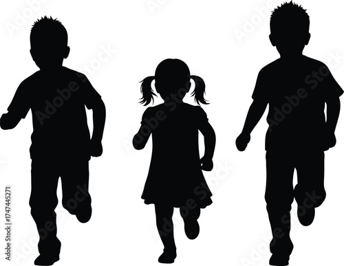 Silhouette of children running and playing together in a playful and energetic scene of childhood fun on white background