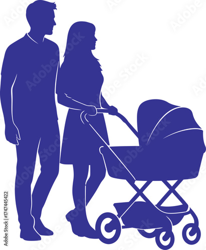Silhouette of a couple walking with a baby stroller in blue against a creating a family scene with parental love and care shown on white background