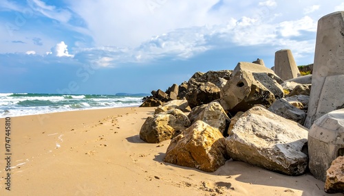 Sandy beach with large rocks and concrete barriers