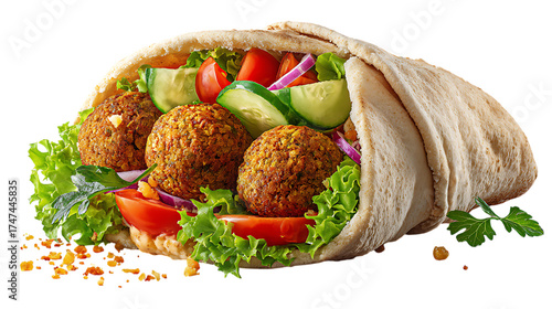Delicious falafel pita sandwich isolated on transparent background, a middle eastern delight