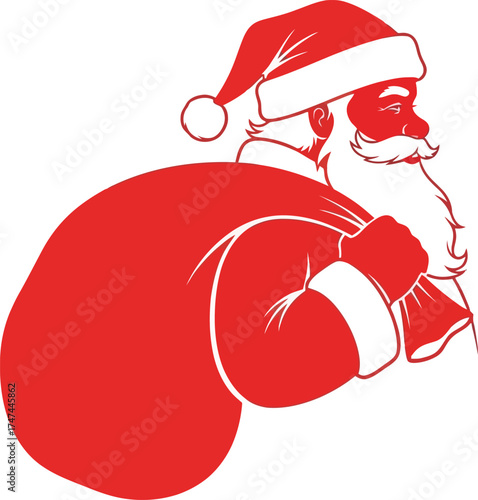 Santa claus carrying a sack of gifts in red silhouette against a for christmas holiday season designs and festive celebrations on white background
