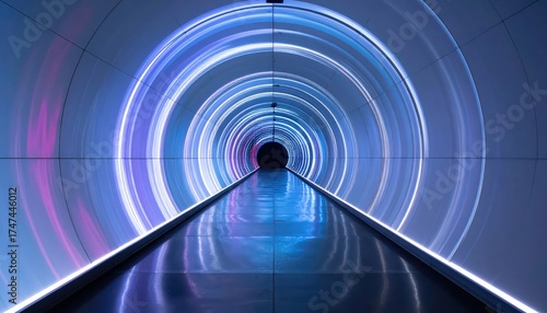 Elongated tunnel interior features a series of concentric light rings, radiating illumination along a pathway, creating a futuristic, atmospheric ambiance, enhanced by reflective flooring and cool...
