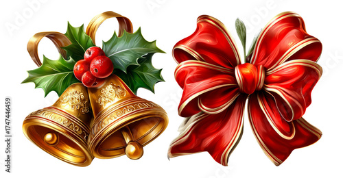 Festive Golden Bells with Holly and Elegant Red Bow for Christmas Celebration