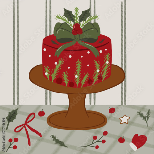 Cute Christmas Cake Vector Illustration with Holiday Decorations