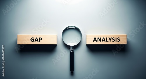 Gap analysis concept with magnifying glass bridging the gap between two wooden blocks with text