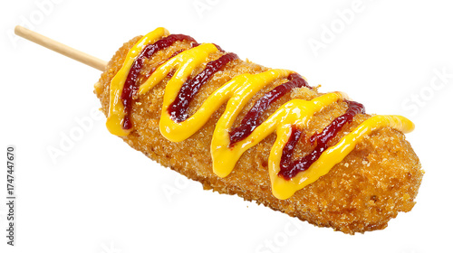Delicious korean corn dog isolated on transparent background with mustard and ketchup