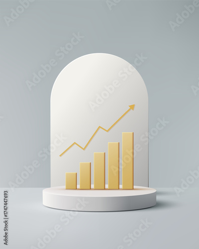 business finance growth chart with gold bar graph and upward arrow on white pedestal minimalist 3d in light gray showroom background for corporate success data and investment strategy
