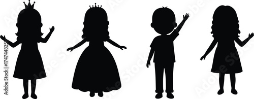 Children silhouettes in playful poses — boy and girl outlines with crowns and dresses for art, design, and education projects