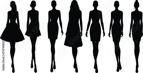 Silhouettes of elegant women walking in dresses — fashion model poses, runway art, stylish female figures for design projects
